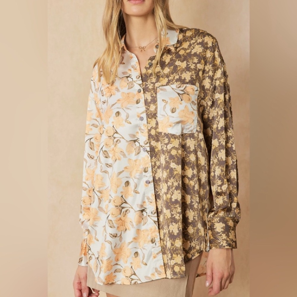 Entro Mix Print Blouse Floral Split-Print Button-Up Shirt Cream & Brown - Picture 2 of 3